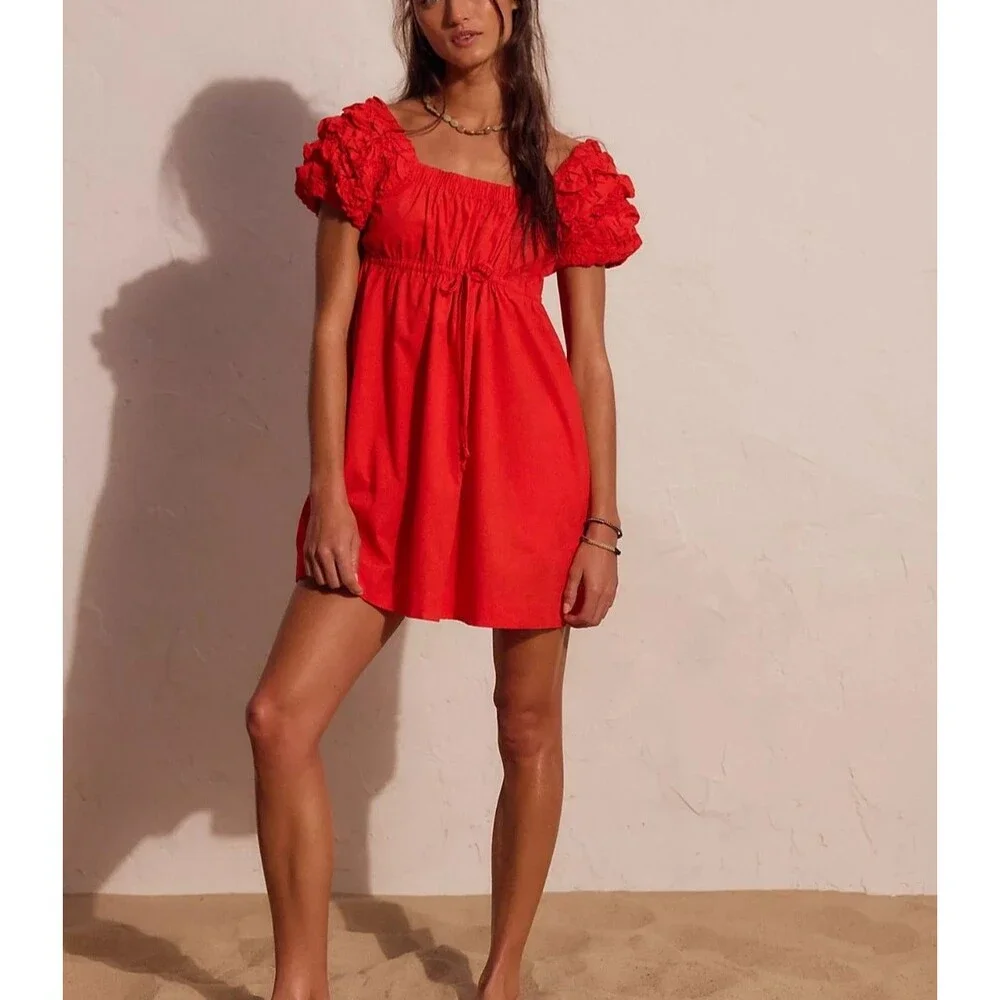 Free People Free Est Flaunt It Mini Dress Ruched Smocked Puff Sleeves L 288774